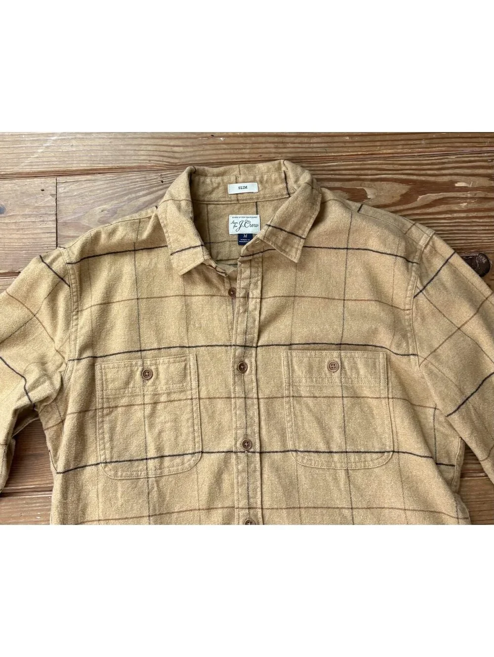 J.Crew Men's Slim Fit Windowpane Plaid Cotton Button Up Shirt Tan Size M